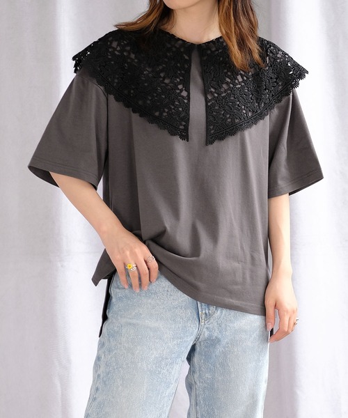 ANDJ(アンドジェイ)の「ビッグレース襟半袖Tシャツ(Tシャツ/カットソー・レディース・ホワイト/ブラック/チャコール・M)」の13枚目の写真