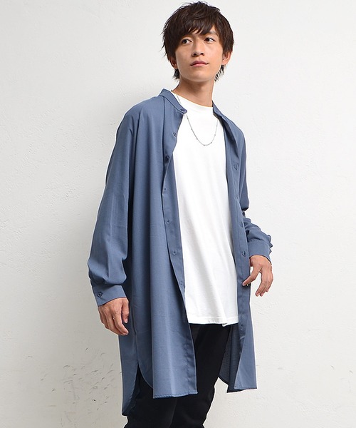 MinoriTY（マイノリティ）の「【MinoriTY】バンドカラー長袖シャツ ノーカラーシャツ メンズ 無地 ロング丈 オーバーサイズ ビッグシルエット（シャツ/ブラウス・メンズ・ブラック/グレー/ブルー/モカ・M/L/S）」の4枚目の写真