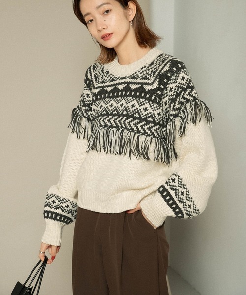 KBF（ケイビーエフ）の「ノルディックフリンジニット（ニット/セーター・レディース・アイボリー/ベージュ系その他/ブラック・ONE）」の4枚目の写真