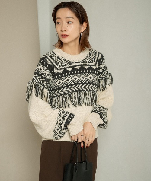 KBF（ケイビーエフ）の「ノルディックフリンジニット（ニット/セーター・レディース・アイボリー/ベージュ系その他/ブラック・ONE）」の5枚目の写真