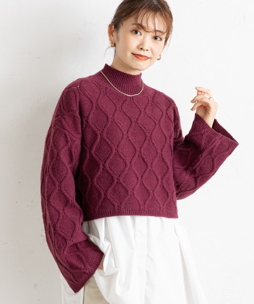 prose verse（プロズヴェール）の「アイレットアーガイルショート丈ニット（ニット/セーター・レディース・オフホワイト/ブラック/グレー/ボルドー・ﾌﾘ-）」の2枚目の写真