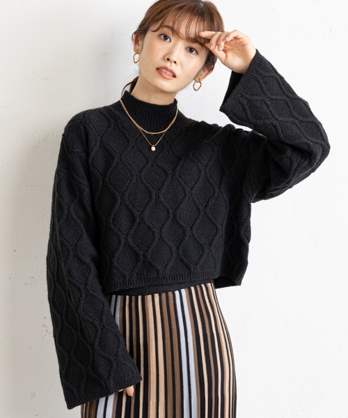 prose verse（プロズヴェール）の「アイレットアーガイルショート丈ニット（ニット/セーター・レディース・オフホワイト/ブラック/グレー/ボルドー・ﾌﾘ-）」の3枚目の写真