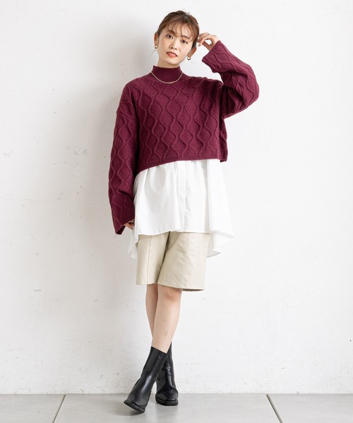 prose verse（プロズヴェール）の「アイレットアーガイルショート丈ニット（ニット/セーター・レディース・オフホワイト/ブラック/グレー/ボルドー・ﾌﾘ-）」の6枚目の写真