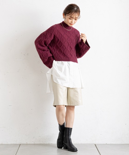 prose verse（プロズヴェール）の「アイレットアーガイルショート丈ニット（ニット/セーター・レディース・オフホワイト/ブラック/グレー/ボルドー・ﾌﾘ-）」の7枚目の写真