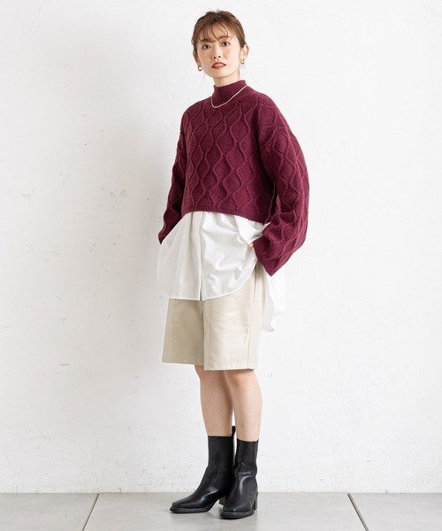 prose verse（プロズヴェール）の「アイレットアーガイルショート丈ニット（ニット/セーター・レディース・オフホワイト/ブラック/グレー/ボルドー・ﾌﾘ-）」の8枚目の写真
