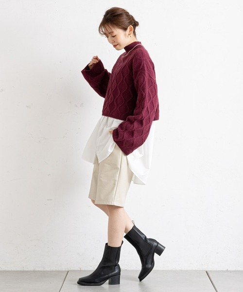 prose verse（プロズヴェール）の「アイレットアーガイルショート丈ニット（ニット/セーター・レディース・オフホワイト/ブラック/グレー/ボルドー・ﾌﾘ-）」の9枚目の写真