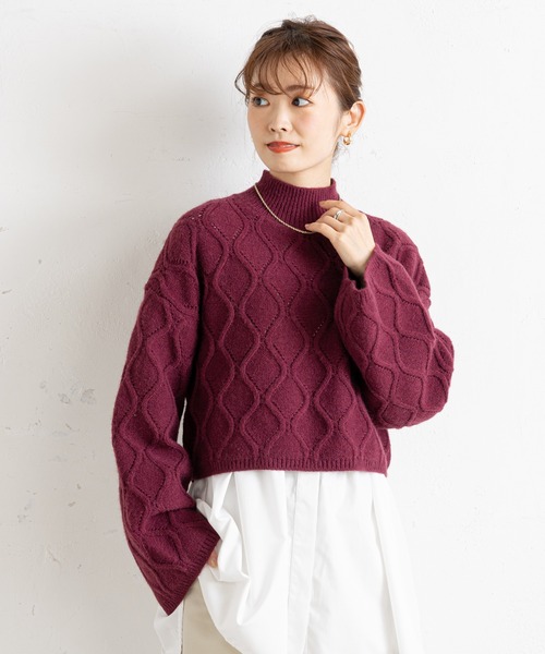 prose verse（プロズヴェール）の「アイレットアーガイルショート丈ニット（ニット/セーター・レディース・オフホワイト/ブラック/グレー/ボルドー・ﾌﾘ-）」の11枚目の写真