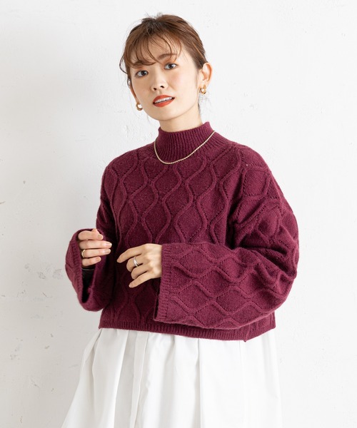 prose verse（プロズヴェール）の「アイレットアーガイルショート丈ニット（ニット/セーター・レディース・オフホワイト/ブラック/グレー/ボルドー・ﾌﾘ-）」の12枚目の写真