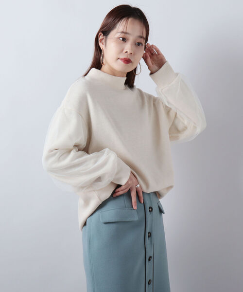 【売却済】FREDYemue オリーブ色ニット　日本製 セール】【WEB限定】チュールスリーブ畦ニットプルオーバー