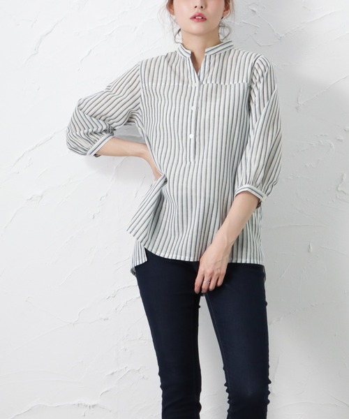 NAVY（ネイビー）の「RTスラブヘンリーシャツブラウス（シャツ/ブラウス・レディース・カーキ/ホワイト/オレンジ・フリー）」の2枚目の写真