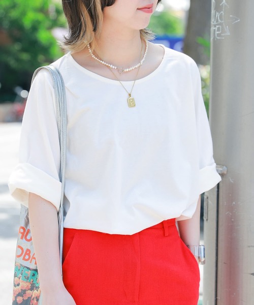 n'OrLABEL（ノアールレーベル）の「【機能素材】『ゆるっとUネックTシャツ』（Tシャツ/カットソー・レディース・モカ/ブルー/オフホワイト/ピンク/グリーン/ブラック/パープル/チャコール/オレンジ/ライトグリーン/ダークパープル・FREE）」の20枚目の写真