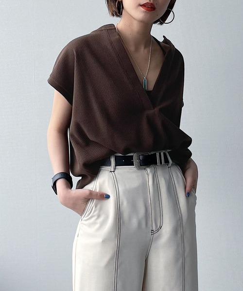 PAGEBOY（ページボーイ）の「ワッフルVネックフレンチスリーブチュニック（Tシャツ/カットソー・レディース・ブラック/オフホワイト/チョコ・FREE）」の3枚目の写真