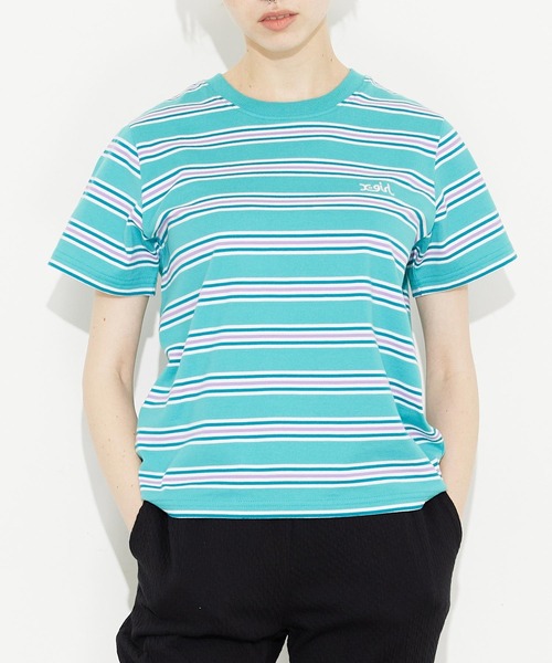 X-girl(エックスガール)の「STRIPED S/S BABY TEE/ストライプ/ボーダー/ロゴ刺繍 ちびT/コンパクトTシャツ(Tシャツ/カットソー・レディース・グリーン/ベージュ/ブラック・M/S)」の1枚目の写真