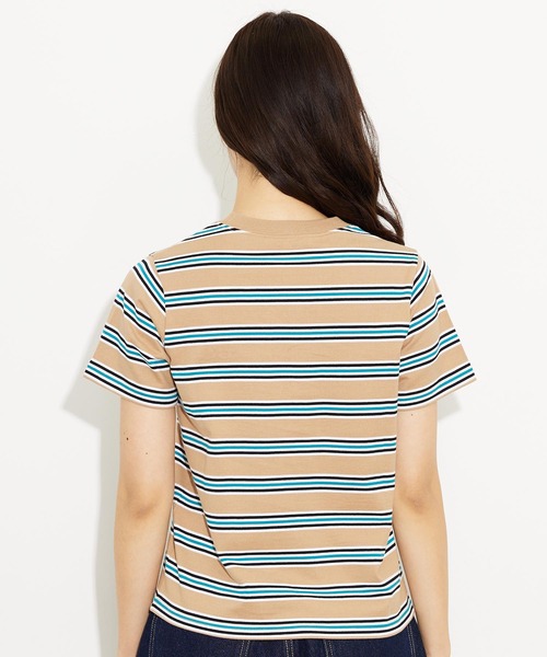 X-girl(エックスガール)の「STRIPED S/S BABY TEE/ストライプ/ボーダー/ロゴ刺繍 ちびT/コンパクトTシャツ(Tシャツ/カットソー・レディース・グリーン/ベージュ/ブラック・M/S)」の4枚目の写真