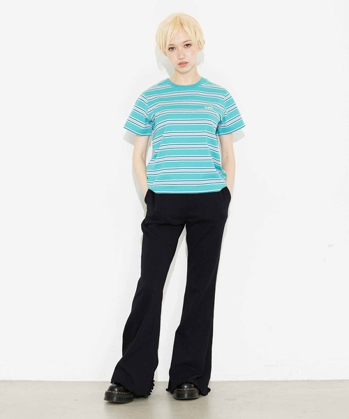 X-girl(エックスガール)の「STRIPED S/S BABY TEE/ストライプ/ボーダー/ロゴ刺繍 ちびT/コンパクトTシャツ(Tシャツ/カットソー・レディース・グリーン/ベージュ/ブラック・M/S)」の17枚目の写真