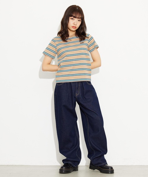 X-girl(エックスガール)の「STRIPED S/S BABY TEE/ストライプ/ボーダー/ロゴ刺繍 ちびT/コンパクトTシャツ(Tシャツ/カットソー・レディース・グリーン/ベージュ/ブラック・M/S)」の9枚目の写真