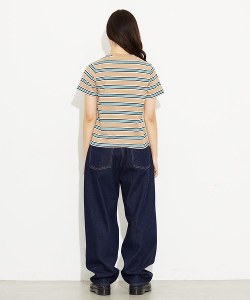 X-girl(エックスガール)の「STRIPED S/S BABY TEE/ストライプ/ボーダー/ロゴ刺繍 ちびT/コンパクトTシャツ(Tシャツ/カットソー・レディース・グリーン/ベージュ/ブラック・M/S)」の6枚目の写真