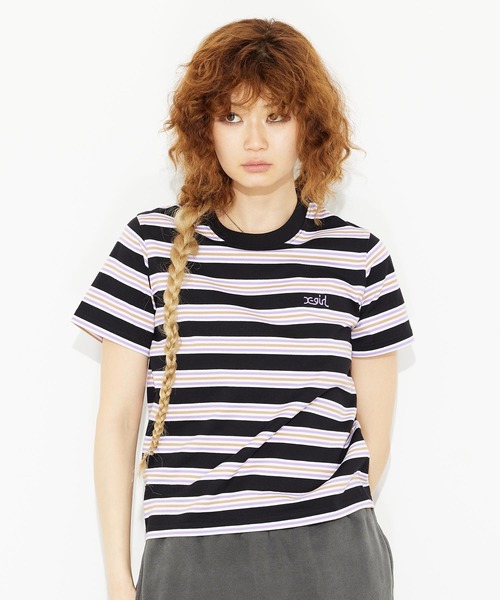 X-girl(エックスガール)の「STRIPED S/S BABY TEE/ストライプ/ボーダー/ロゴ刺繍 ちびT/コンパクトTシャツ(Tシャツ/カットソー・レディース・グリーン/ベージュ/ブラック・M/S)」の19枚目の写真