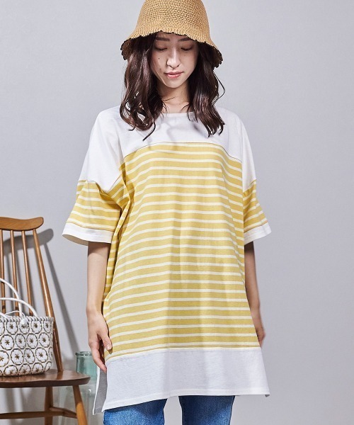 LUPILIEN(ルピリアン)の「ボーダー 切替バスクTシャツ(Tシャツ/カットソー・レディース・ブラック/ピンク/イエロー/グリーン・FREE)」の1枚目の写真