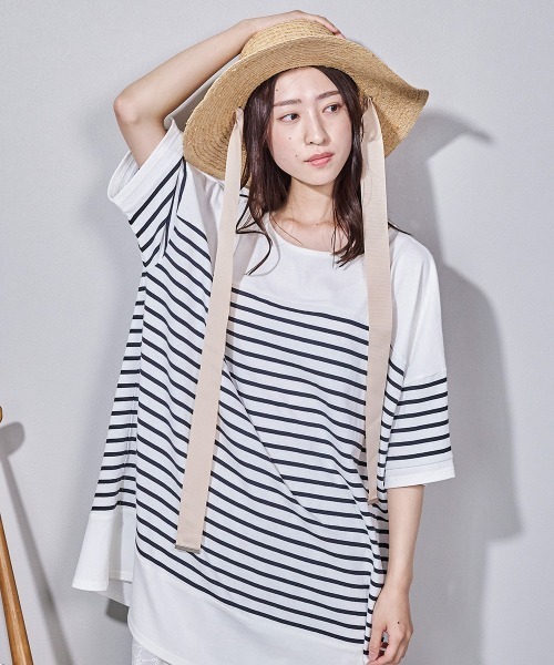 LUPILIEN(ルピリアン)の「ボーダー 切替バスクTシャツ(Tシャツ/カットソー・レディース・ブラック/ピンク/イエロー/グリーン・FREE)」の2枚目の写真