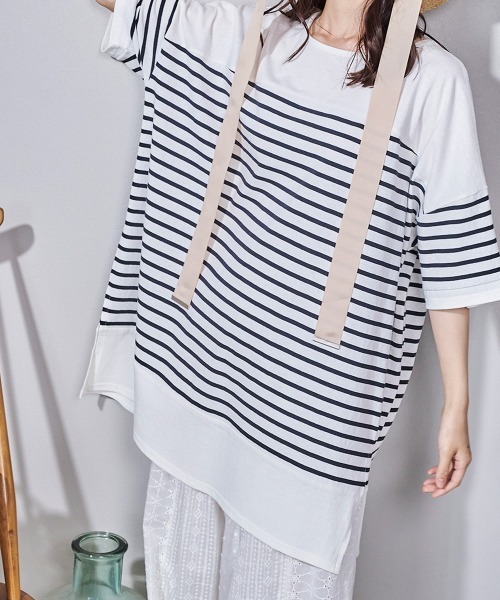 LUPILIEN(ルピリアン)の「ボーダー 切替バスクTシャツ(Tシャツ/カットソー・レディース・ブラック/ピンク/イエロー/グリーン・FREE)」の5枚目の写真