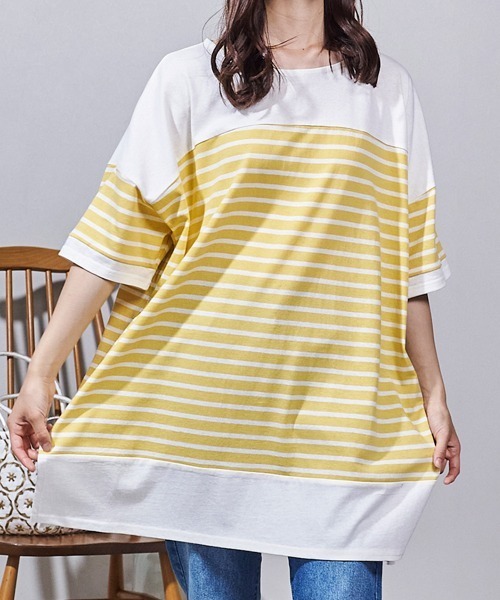 LUPILIEN(ルピリアン)の「ボーダー 切替バスクTシャツ(Tシャツ/カットソー・レディース・ブラック/ピンク/イエロー/グリーン・FREE)」の18枚目の写真