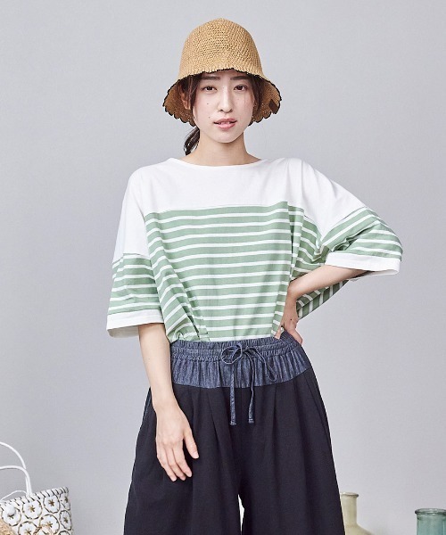 LUPILIEN(ルピリアン)の「ボーダー 切替バスクTシャツ(Tシャツ/カットソー・レディース・ブラック/ピンク/イエロー/グリーン・FREE)」の11枚目の写真