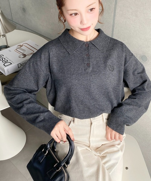 セール】12G ワンポイント刺繍入り衿付きポロニット（ニット/セーター
