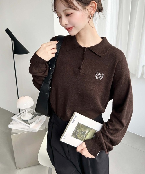 グッチ［ポロニット］長袖　ハイゲージ　刺繍ロゴ　ブラック　サイズM　セーター グッチ［ポロニット］長袖 ハイゲージ 刺繍ロゴ ブラック サイズM