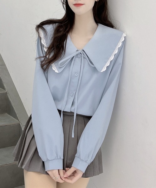 yuue' ( wear )（ユーイ）の「ビッグカラー ロングスリーブ シャツブラウス（シャツ/ブラウス・レディース・ブラウン/ホワイト/ブルー・FREE）」の3枚目の写真