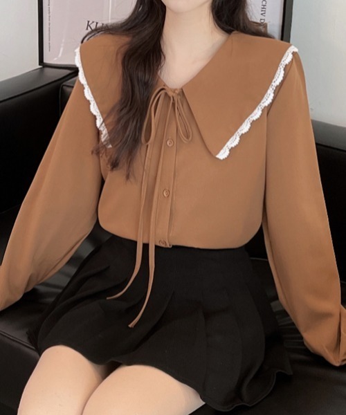 yuue' ( wear )（ユーイ）の「ビッグカラー ロングスリーブ シャツブラウス（シャツ/ブラウス・レディース・ブラウン/ホワイト/ブルー・FREE）」の10枚目の写真