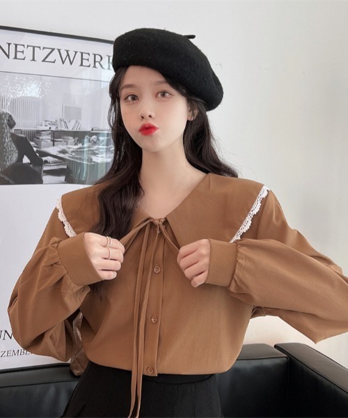 yuue' ( wear )（ユーイ）の「ビッグカラー ロングスリーブ シャツブラウス（シャツ/ブラウス・レディース・ブラウン/ホワイト/ブルー・FREE）」の5枚目の写真