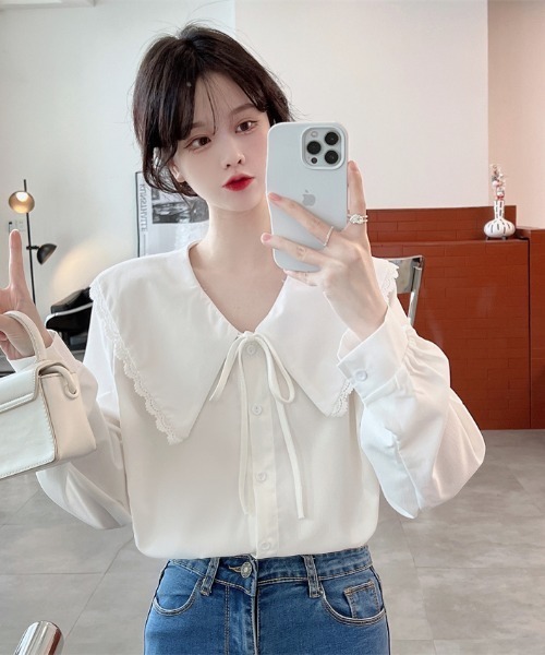 yuue' ( wear )（ユーイ）の「ビッグカラー ロングスリーブ シャツブラウス（シャツ/ブラウス・レディース・ブラウン/ホワイト/ブルー・FREE）」の6枚目の写真