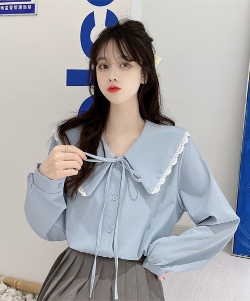 yuue' ( wear )（ユーイ）の「ビッグカラー ロングスリーブ シャツブラウス（シャツ/ブラウス・レディース・ブラウン/ホワイト/ブルー・FREE）」の8枚目の写真
