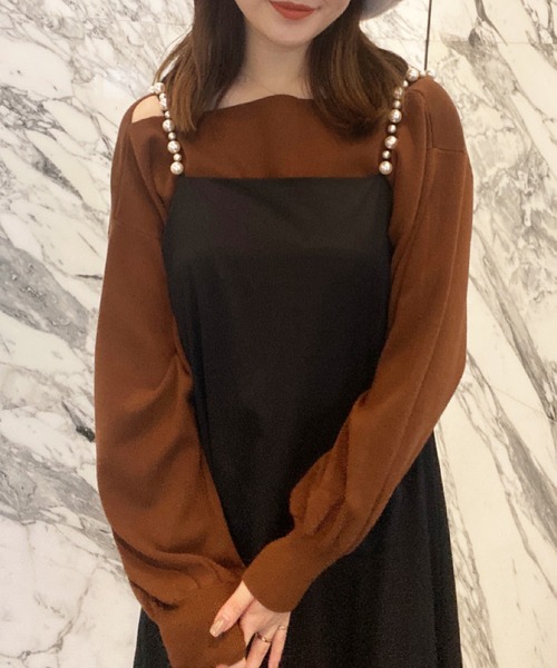 EIMY ISTOIRE(エイミーイストワール)の「ボートネックカラーニット(ニット/セーター・レディース・ホワイト/ピンク/ブラック/グリーン/ブラウン/ライム・FREE)」の3枚目の写真