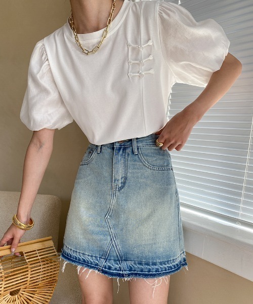 deux amour（ドゥーザムール）の「アシメデザイン袖異素材トップス（Tシャツ/カットソー・レディース・ブラック/ホワイト・FREE）」の4枚目の写真