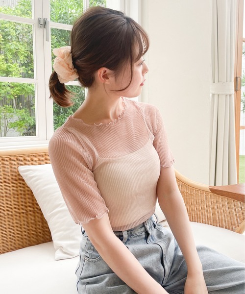 BAB tシャツ 袖シアーラメベーシックカットソートップス