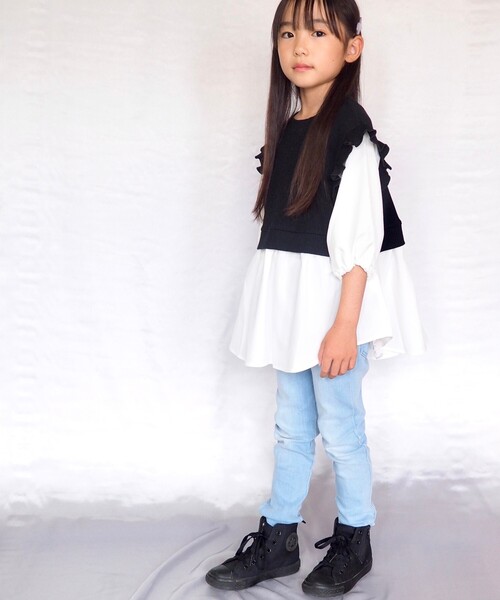 SHOO・LA・RUE（シューラルー）の「◆【110-140cm】フリルベストドッキングプルオーバー（Tシャツ/カットソー・キッズ・ライトグリーン/ブラック・14/13/12/11）」の12枚目の写真