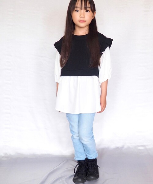 SHOO・LA・RUE（シューラルー）の「◆【110-140cm】フリルベストドッキングプルオーバー（Tシャツ/カットソー・キッズ・ライトグリーン/ブラック・14/13/12/11）」の11枚目の写真