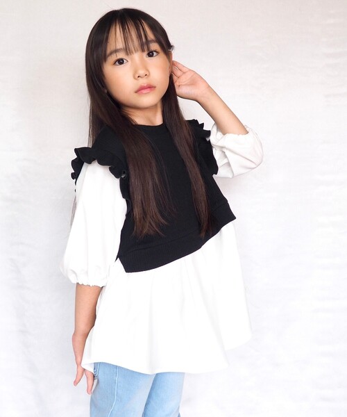 SHOO・LA・RUE（シューラルー）の「◆【110-140cm】フリルベストドッキングプルオーバー（Tシャツ/カットソー・キッズ・ライトグリーン/ブラック・14/13/12/11）」の10枚目の写真