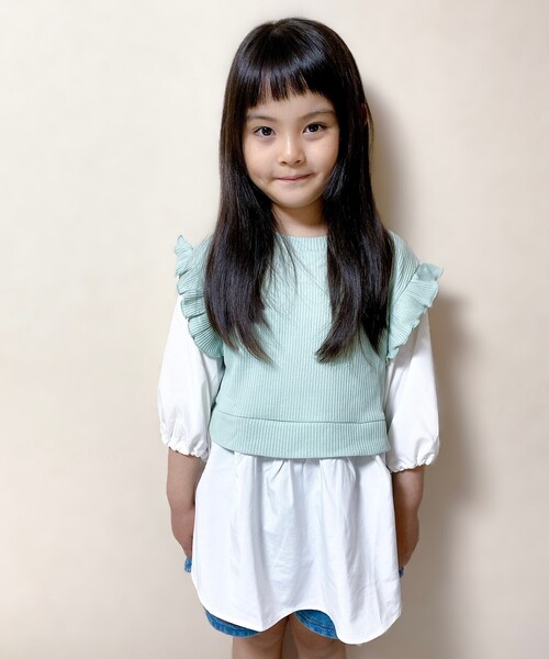 SHOO・LA・RUE（シューラルー）の「◆【110-140cm】フリルベストドッキングプルオーバー（Tシャツ/カットソー・キッズ・ライトグリーン/ブラック・14/13/12/11）」の13枚目の写真