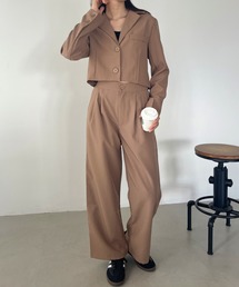 【2点SET】ショート丈ジャケット+タックストレートパンツ セットアップ