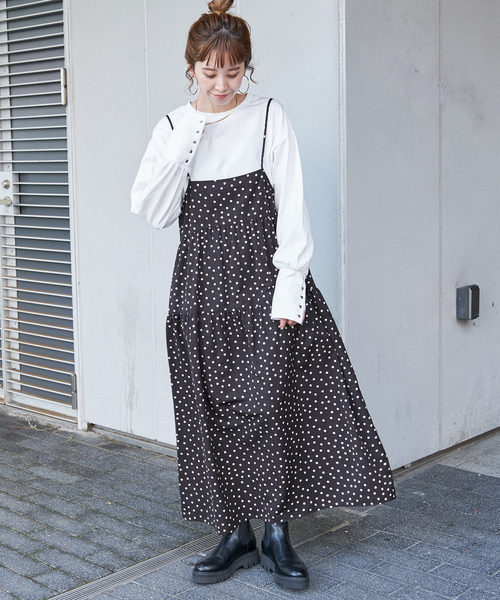 B.C STOCK ブラック ドット柄 キャミワンピース ロング丈 B.C STOCK（ベーセーストック）の「ドット無地プリントキャミ
