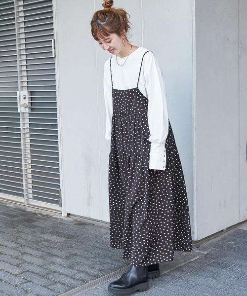 B.C STOCK ブラック ドット柄 キャミワンピース ロング丈 B.C STOCK（ベーセーストック）の「ドット無地プリントキャミ
