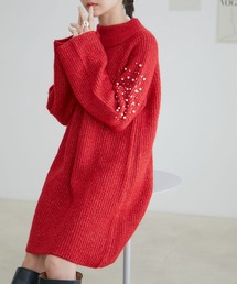 VIS | パール＆ビーズアクセントスリーブミニ丈ニットワンピース(ワンピース)