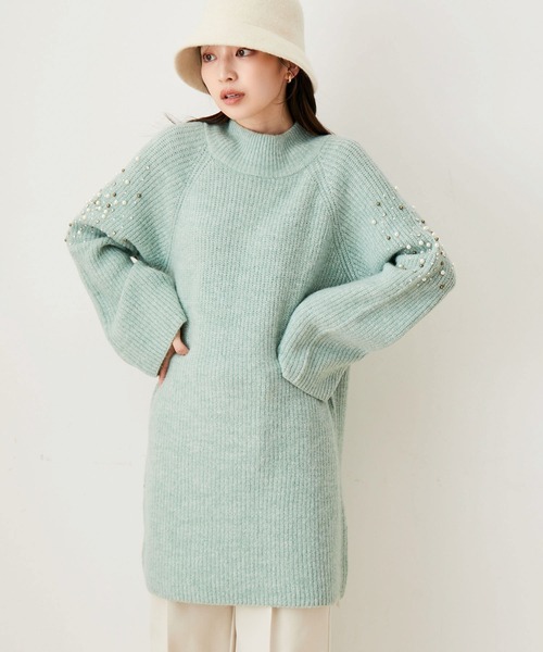 VIS（ビス）の「パール＆ビーズアクセントスリーブミニ丈ニットワンピース（ワンピース・レディース・チャコールグレー/ライトグリーン/ホワイト系その他5/レッド・FREE）」の6枚目の写真