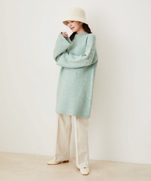 VIS（ビス）の「パール＆ビーズアクセントスリーブミニ丈ニットワンピース（ワンピース・レディース・チャコールグレー/ライトグリーン/ホワイト系その他5/レッド・FREE）」の7枚目の写真