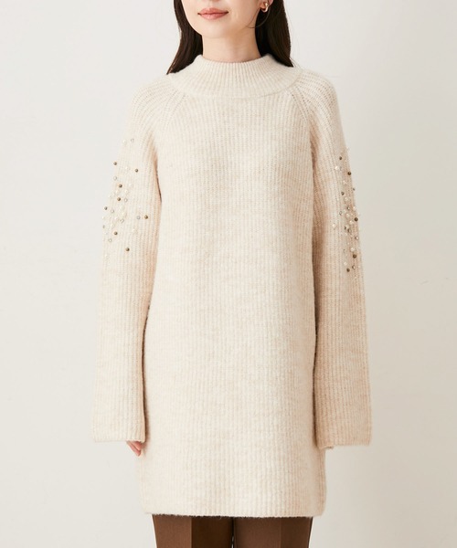 VIS（ビス）の「パール＆ビーズアクセントスリーブミニ丈ニットワンピース（ワンピース・レディース・チャコールグレー/ライトグリーン/ホワイト系その他5/レッド・FREE）」の12枚目の写真