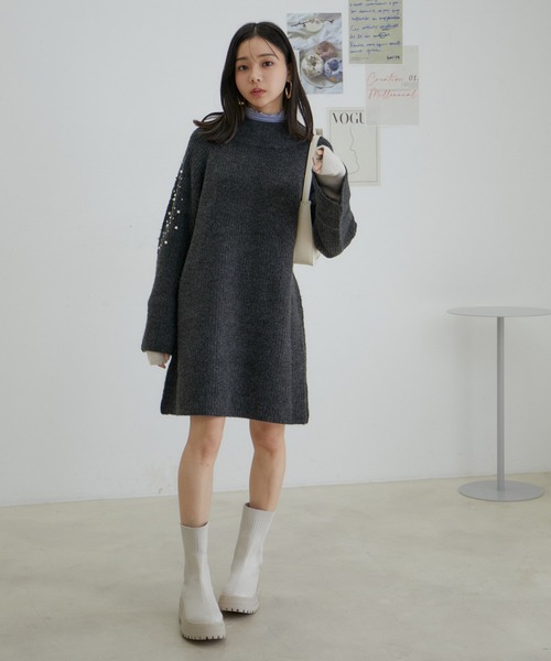 VIS（ビス）の「パール＆ビーズアクセントスリーブミニ丈ニットワンピース（ワンピース・レディース・チャコールグレー/ライトグリーン/ホワイト系その他5/レッド・FREE）」の22枚目の写真