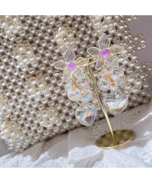 Mermaid Pink】クリアフラワーハートウォーターピアス(MA